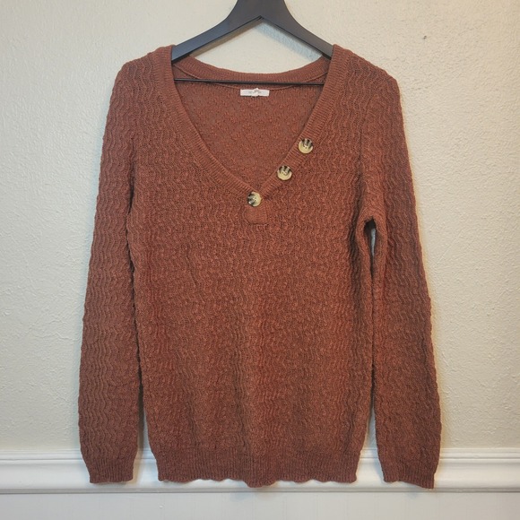 Maurices Sweater‎ Zig Zag Semi Sheer Knit Button V Neck Burnt Orange Fall Medium - Picture 1 of 12